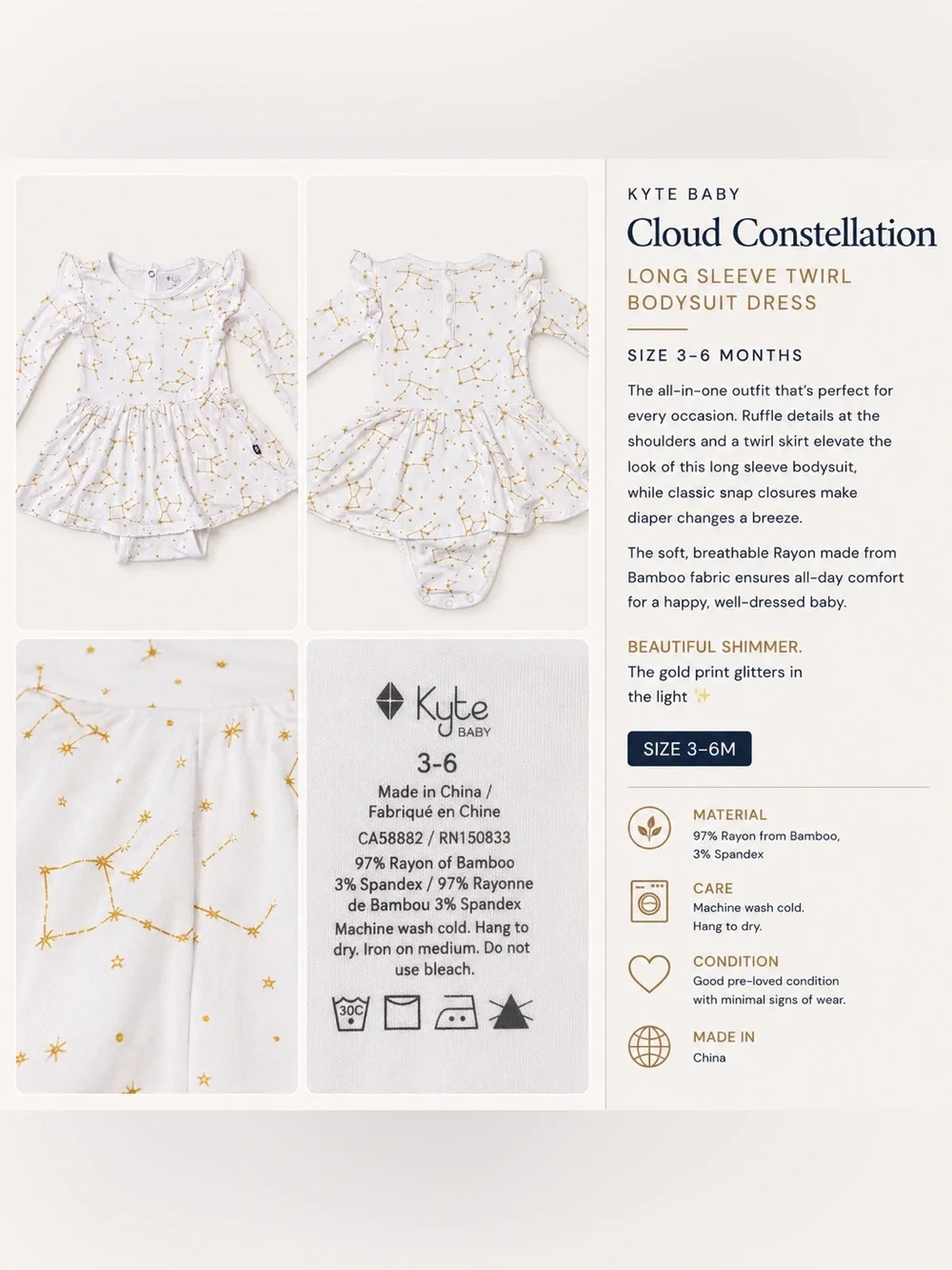 Kyte Baby Cloud Constellation Twirl Bodysuit Dress 3–6M Bamboo Gold Shimmer